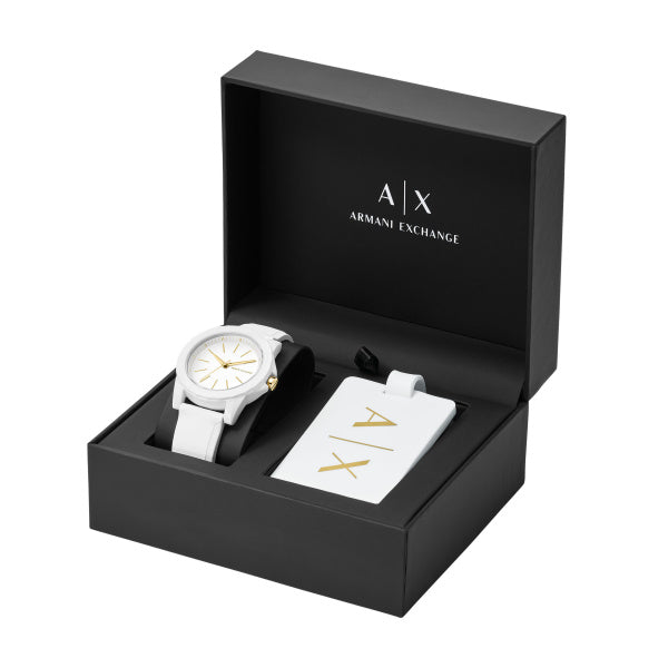 Coffret cadeau montre Armani Exchange et étiquette valise