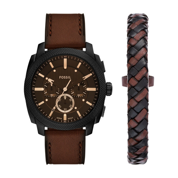 Coffret cadeau montre Fossil Machine et bracelet cuir
