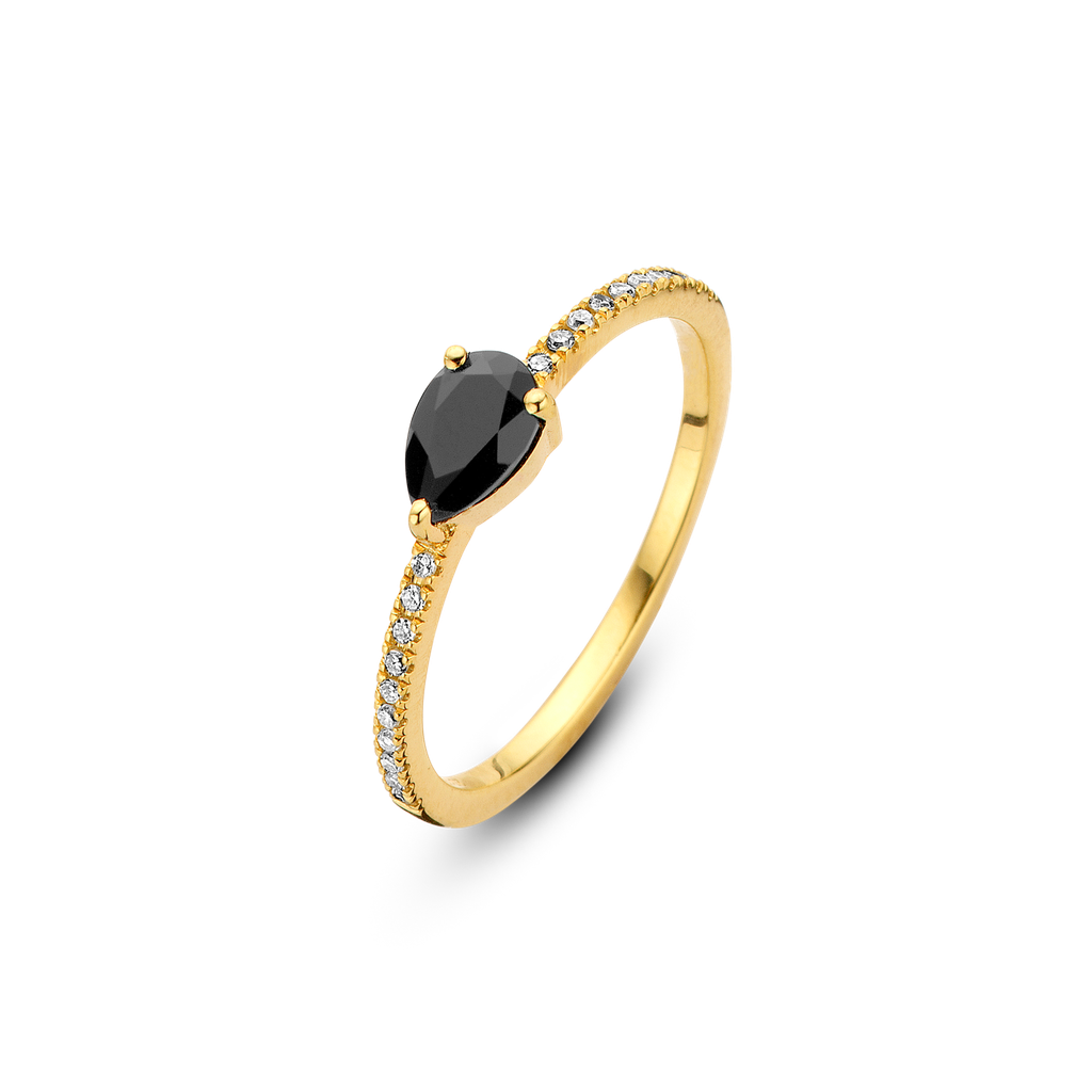 Bague Flame PVD doré, onyx et diamants