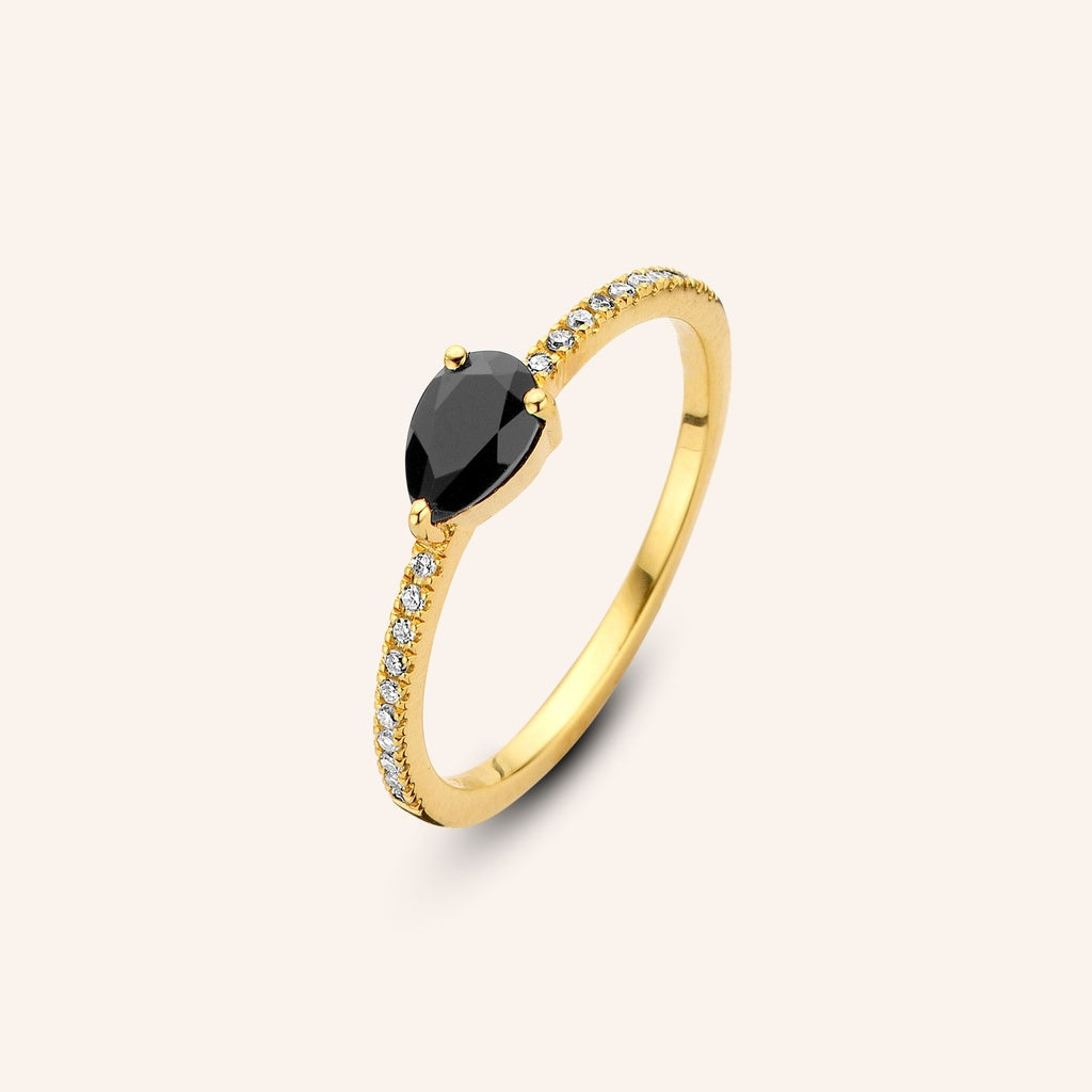 Bague Flame PVD doré, onyx et diamants
