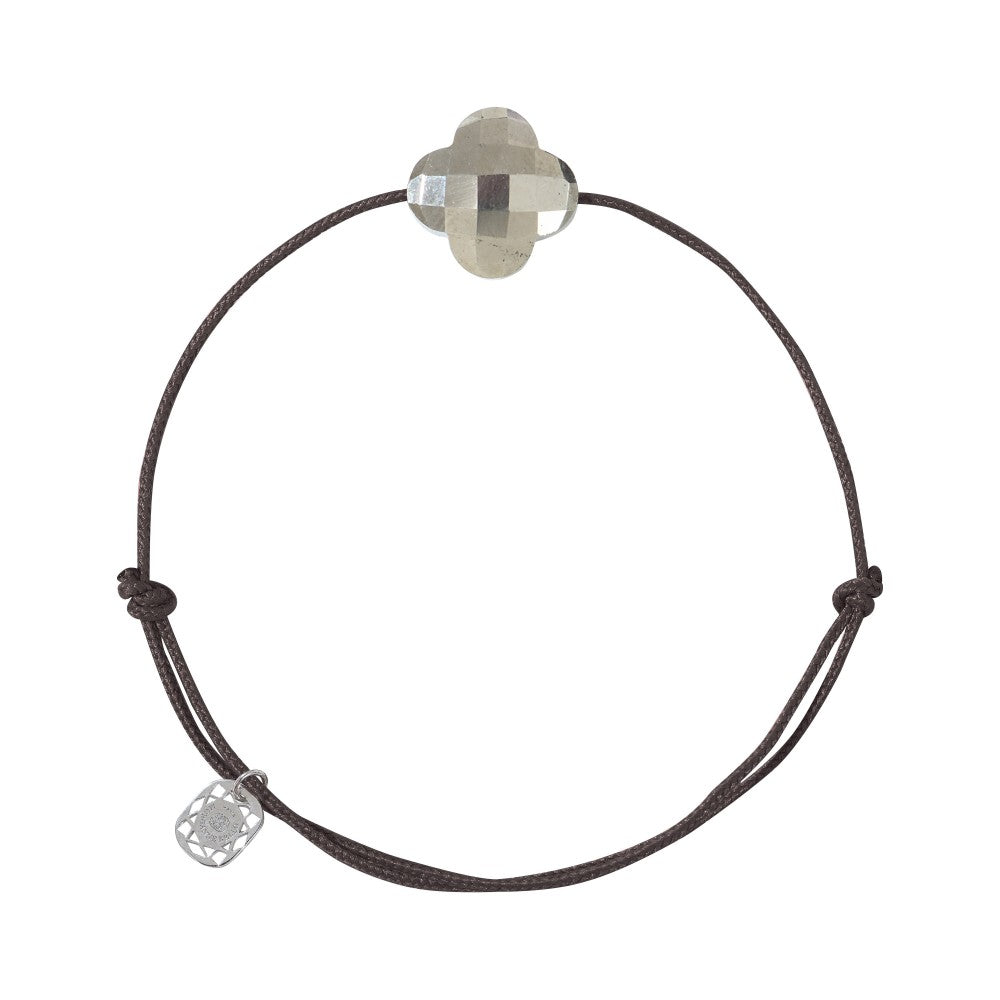 Bracelet pyrite cordon chocolat trèfle argent