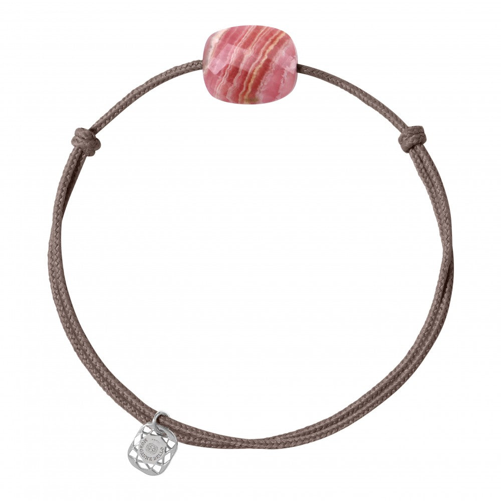 Bracelet rhodochrosite cordon taupe coussin argent