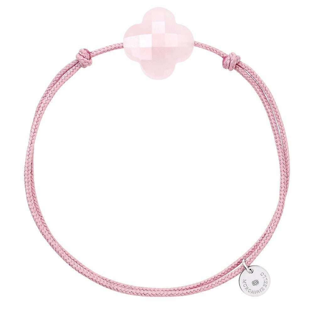 Bracelet quartz rose poudré cordon vieux rose trèfle argent