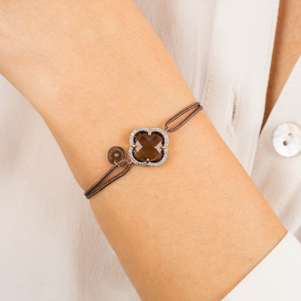 Bracelet Victoria cordon taupe quartz fumé or rose et diamants