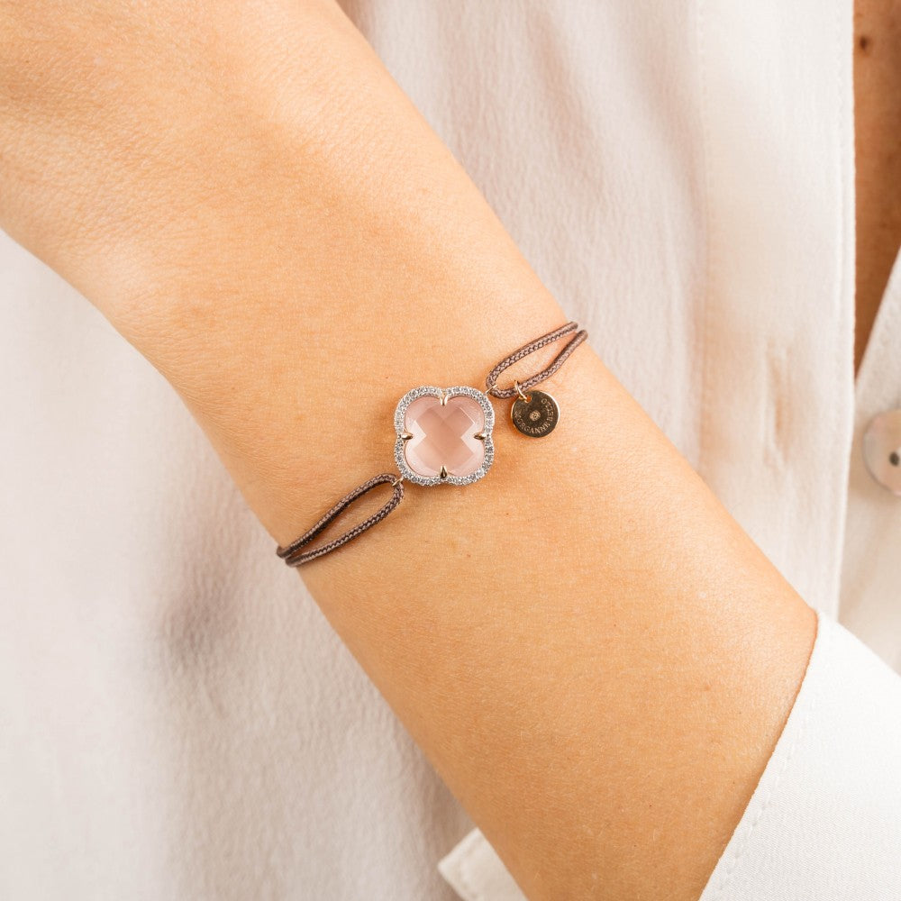 Bracelet Victoria cordon taupe quartz rose or rose et diamants