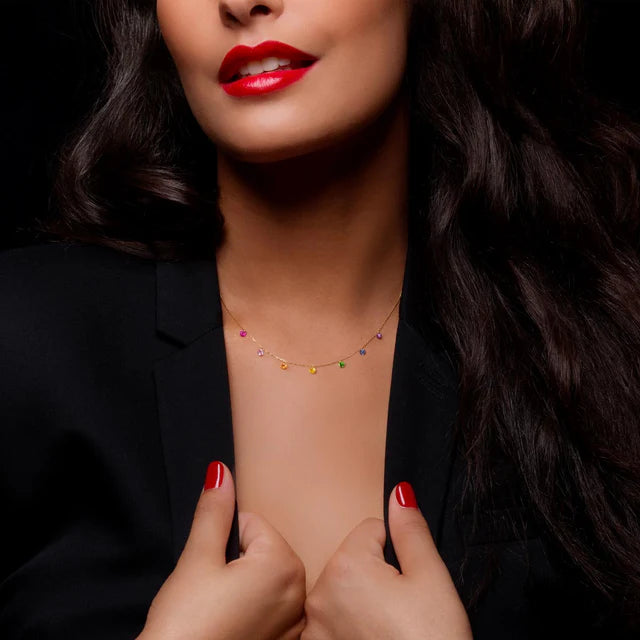 Collier Confetti Rainbow or jaune rubis, tsavorite, améthyste, saphirs rose, orange, jaune et bleu