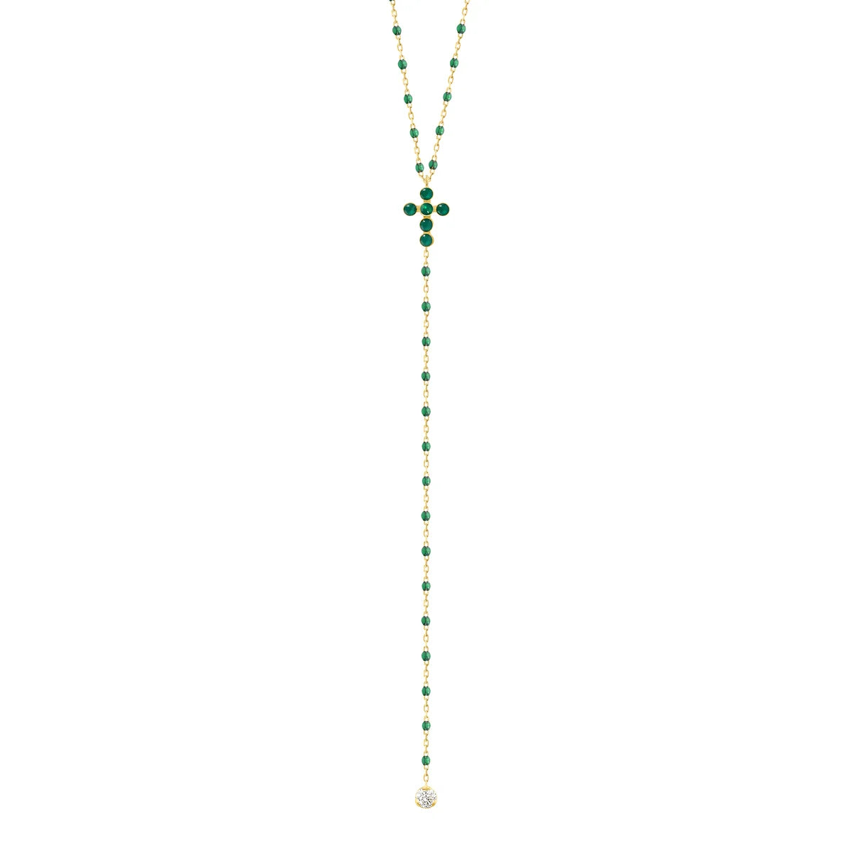 Chapelet Croix Perlée Emeraude or jaune 42cm