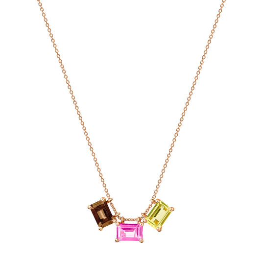 Collier Cocktail mini trio smoky & lemon quartz, pink Topaze or rose 18Kt