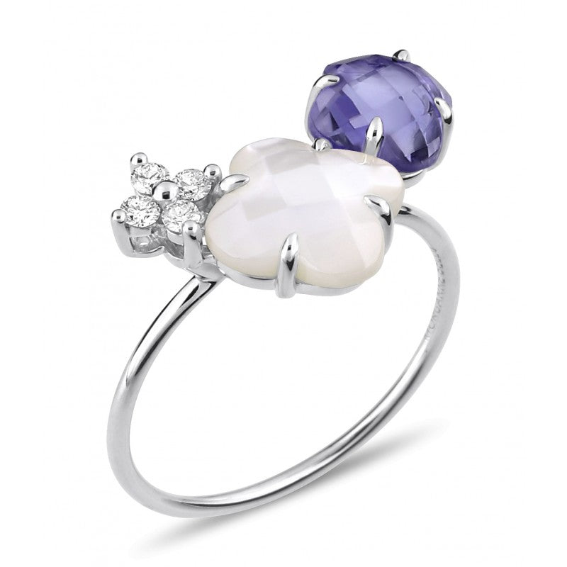 Bague Bouquet iolite, nacre blanche or blanc et diamants