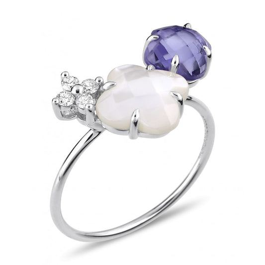 Bague Bouquet iolite, nacre blanche or blanc et diamants