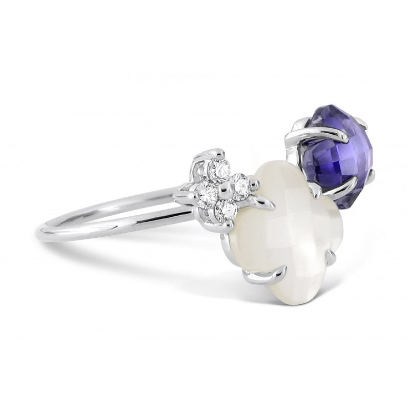 Bague Bouquet iolite, nacre blanche or blanc et diamants