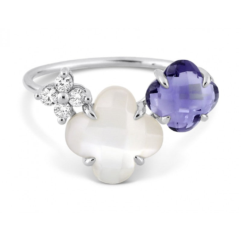 Bague Bouquet iolite, nacre blanche or blanc et diamants