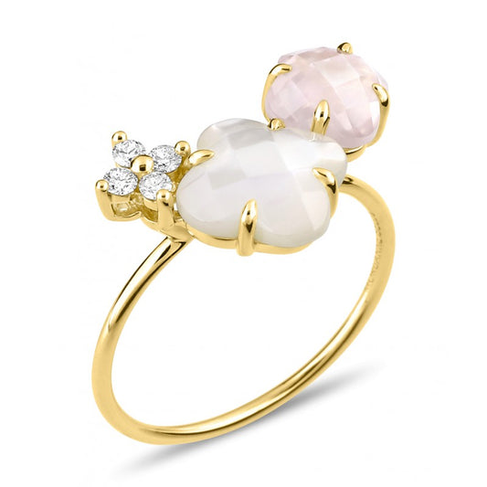 Bague Bouquet quartz rose, nacre blanche or jaune et diamants