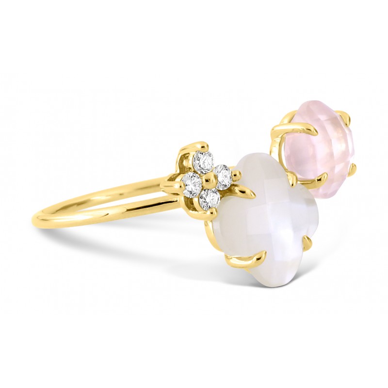 Bague Bouquet quartz rose, nacre blanche or jaune et diamants