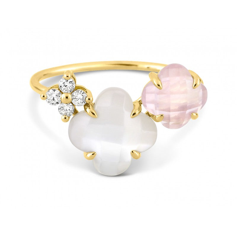 Bague Bouquet quartz rose, nacre blanche or jaune et diamants