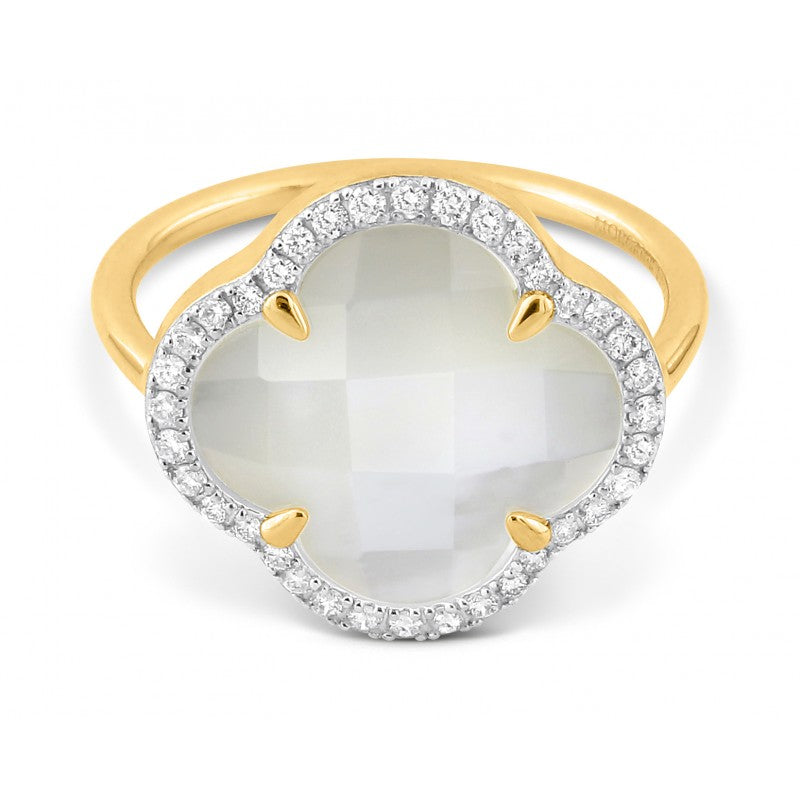 Bague Victoria nacre blanche or jaune et diamants grand modèle