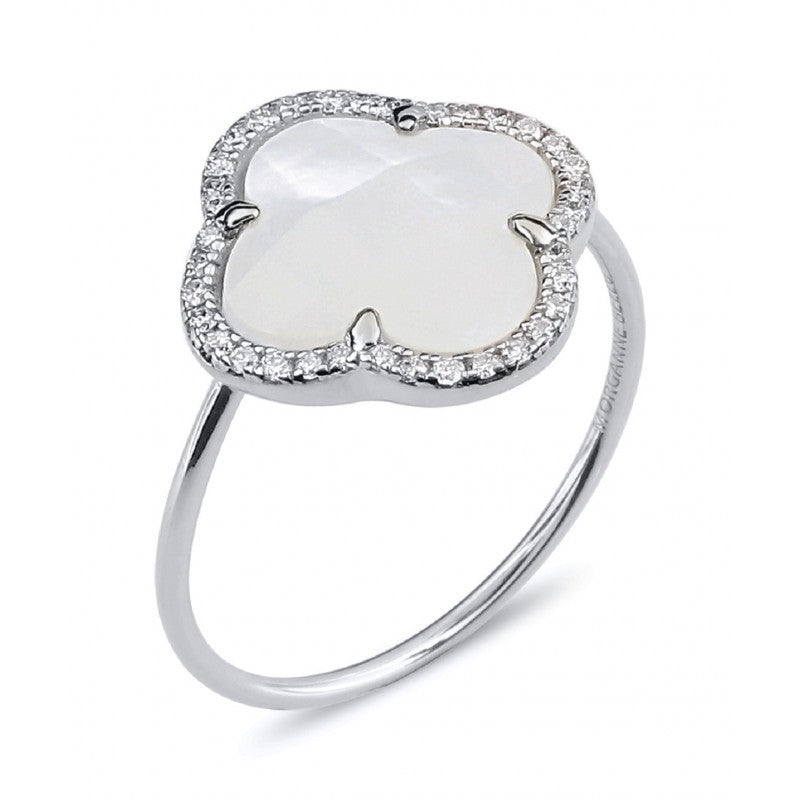 Bague Victoria nacre blanche or blanc et diamants