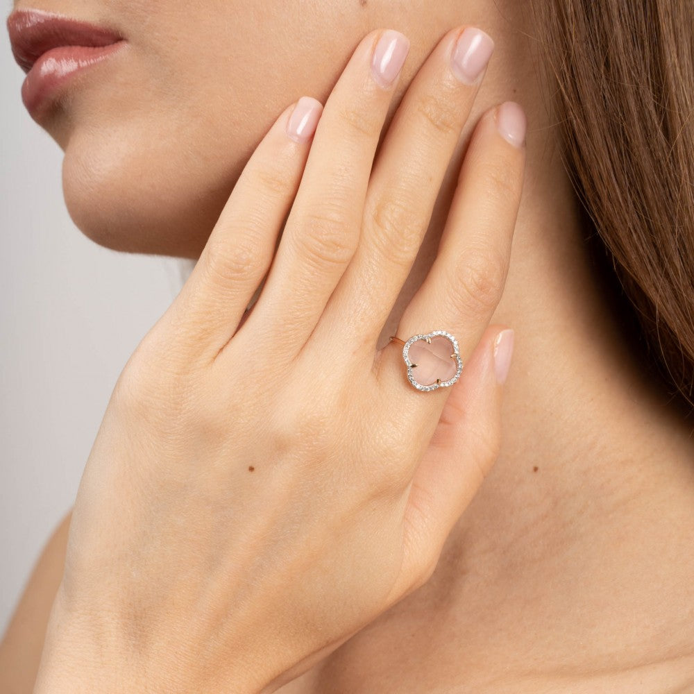 Bague Victoria quartz rose or rose et diamants