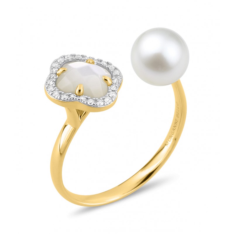 Bague Victoria Perles nacre blanche or jaune et diamants