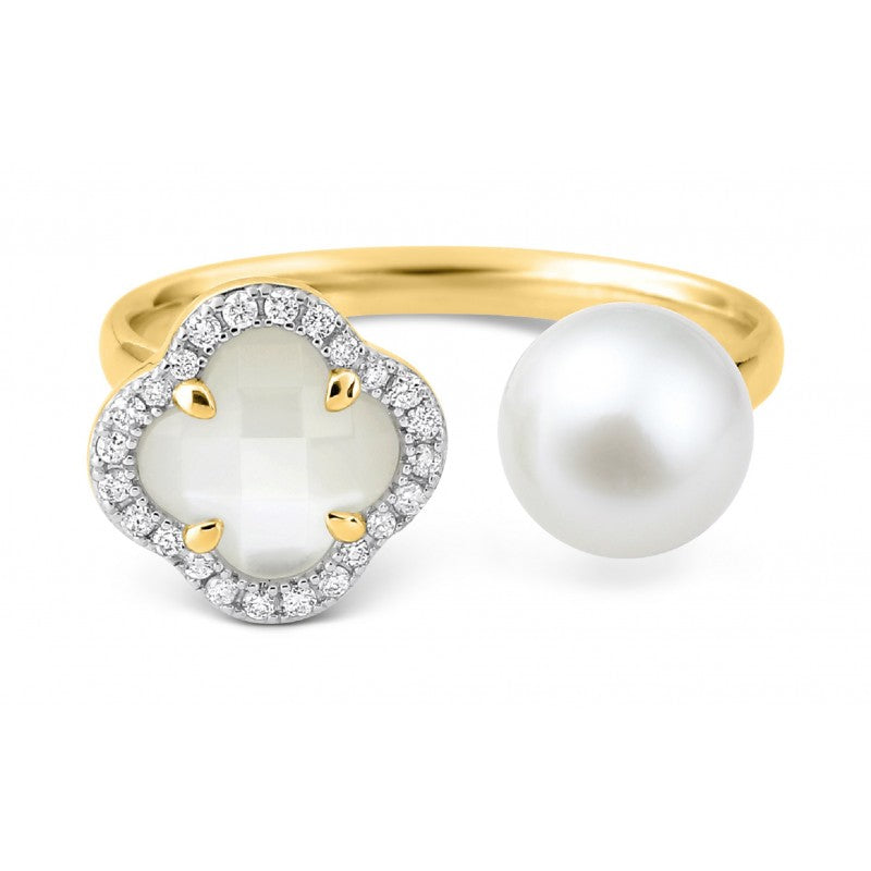 Bague Victoria Perles nacre blanche or jaune et diamants