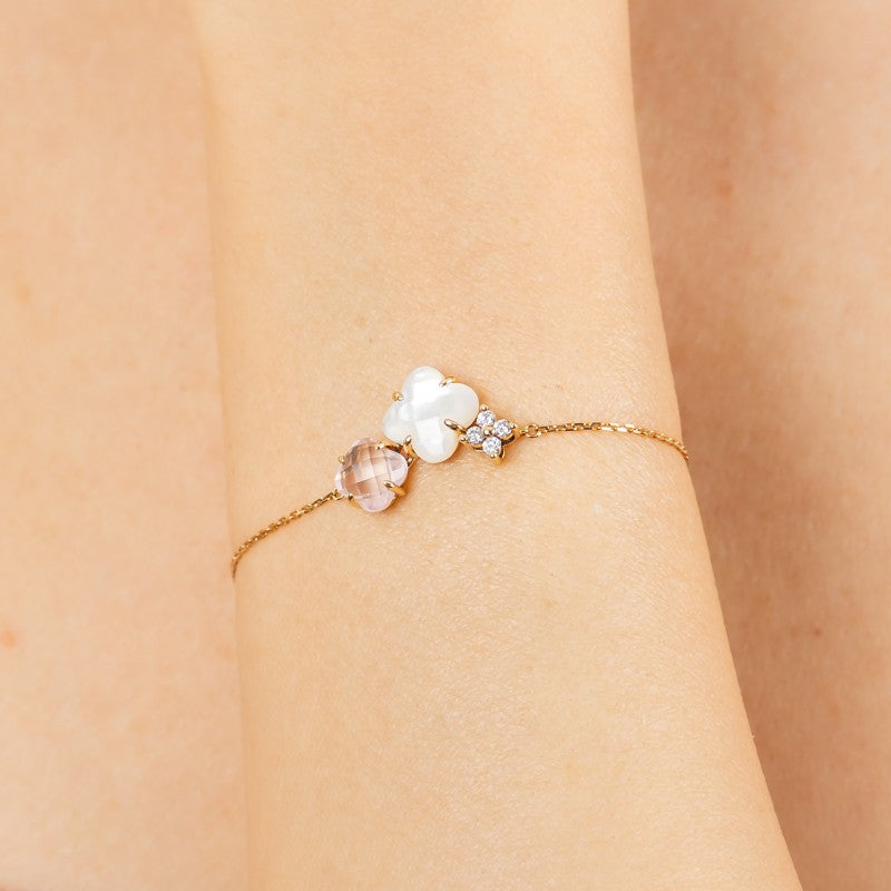 Bracelet Bouquet quartz rose, nacre blanche or jaune et diamants