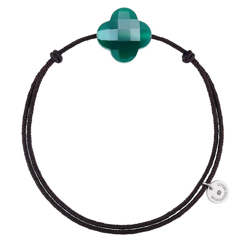 Bracelet agate verte cordon chocolat trèfle argent