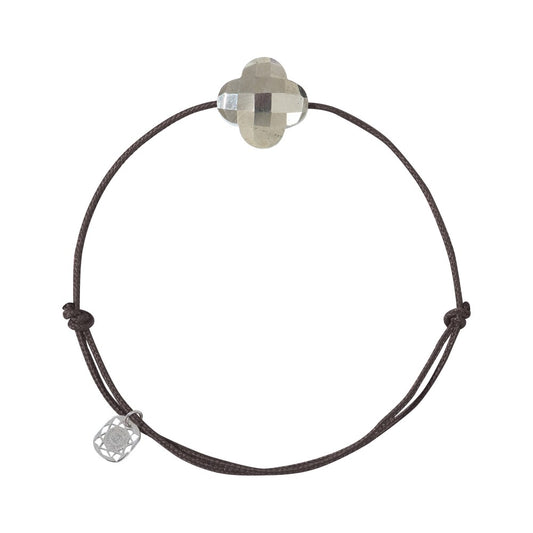 Bracelet pyrite cordon chocolat trèfle argent