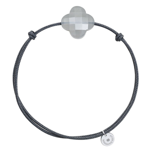 Bracelet pierre de lune grise cordon gris trèfle argent