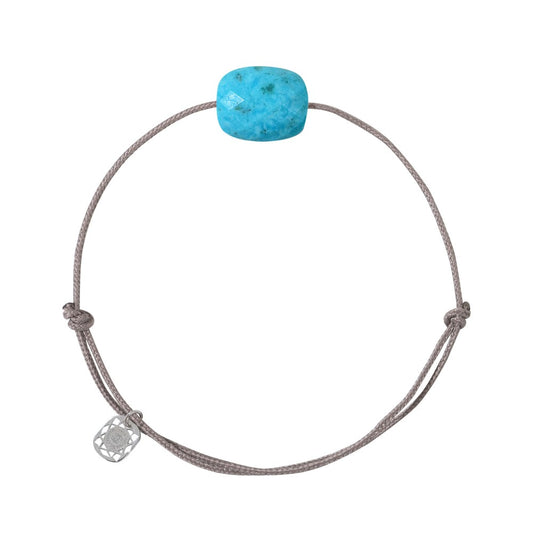 Bracelet turquoise cordon taupe coussin argent