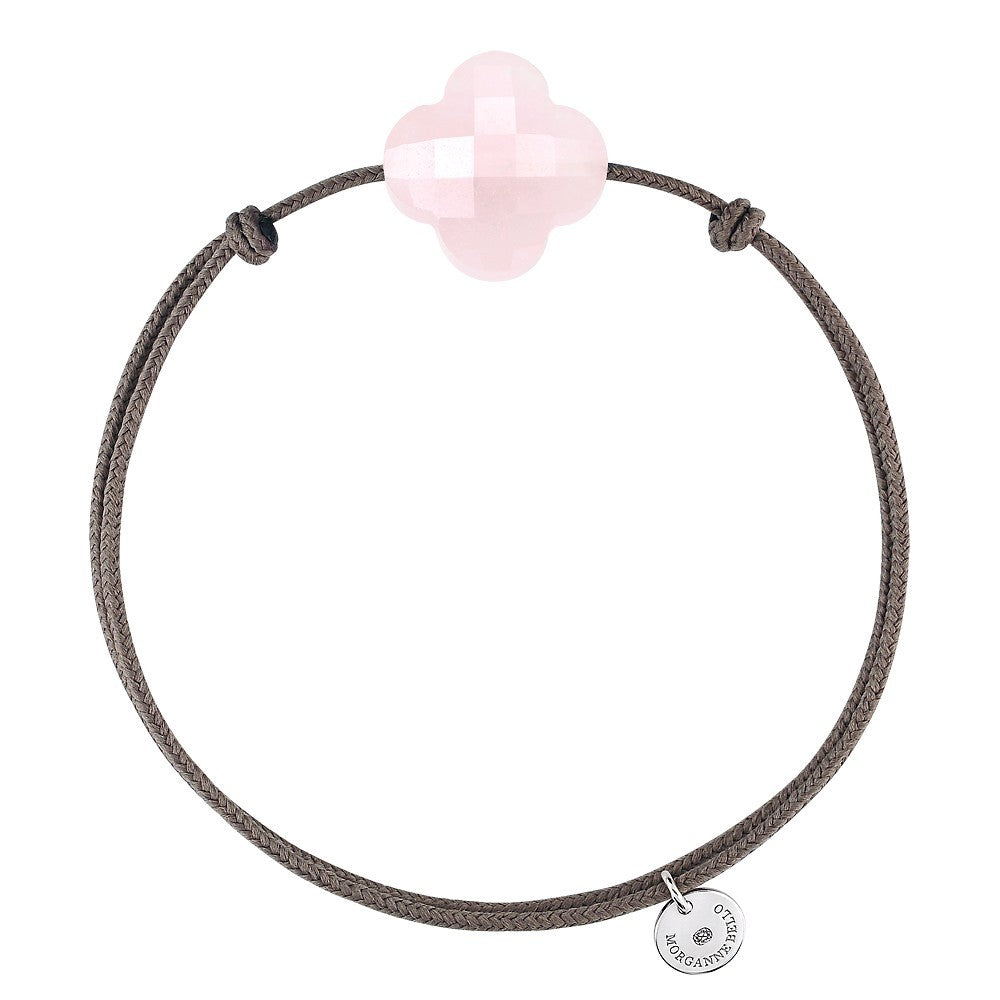 Bracelet quartz rose poudré cordon taupe trèfle argent