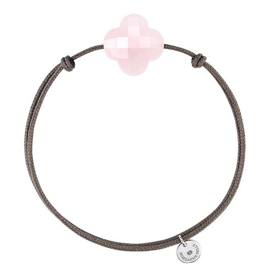 Bracelet quartz rose poudré cordon taupe trèfle argent
