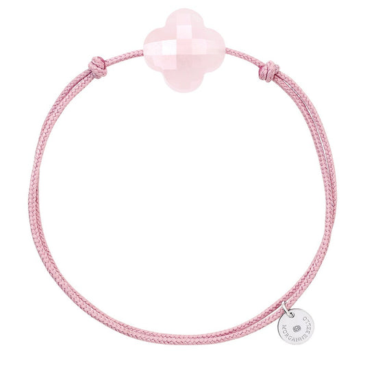 Bracelet quartz rose poudré cordon vieux rose trèfle argent