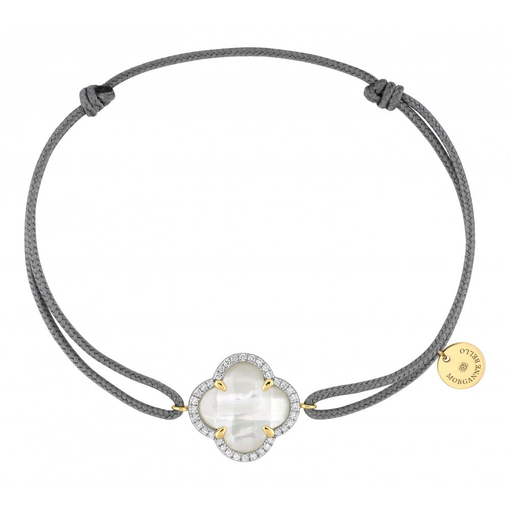 Bracelet Victoria cordon gris nacre blanche or jaune et diamants