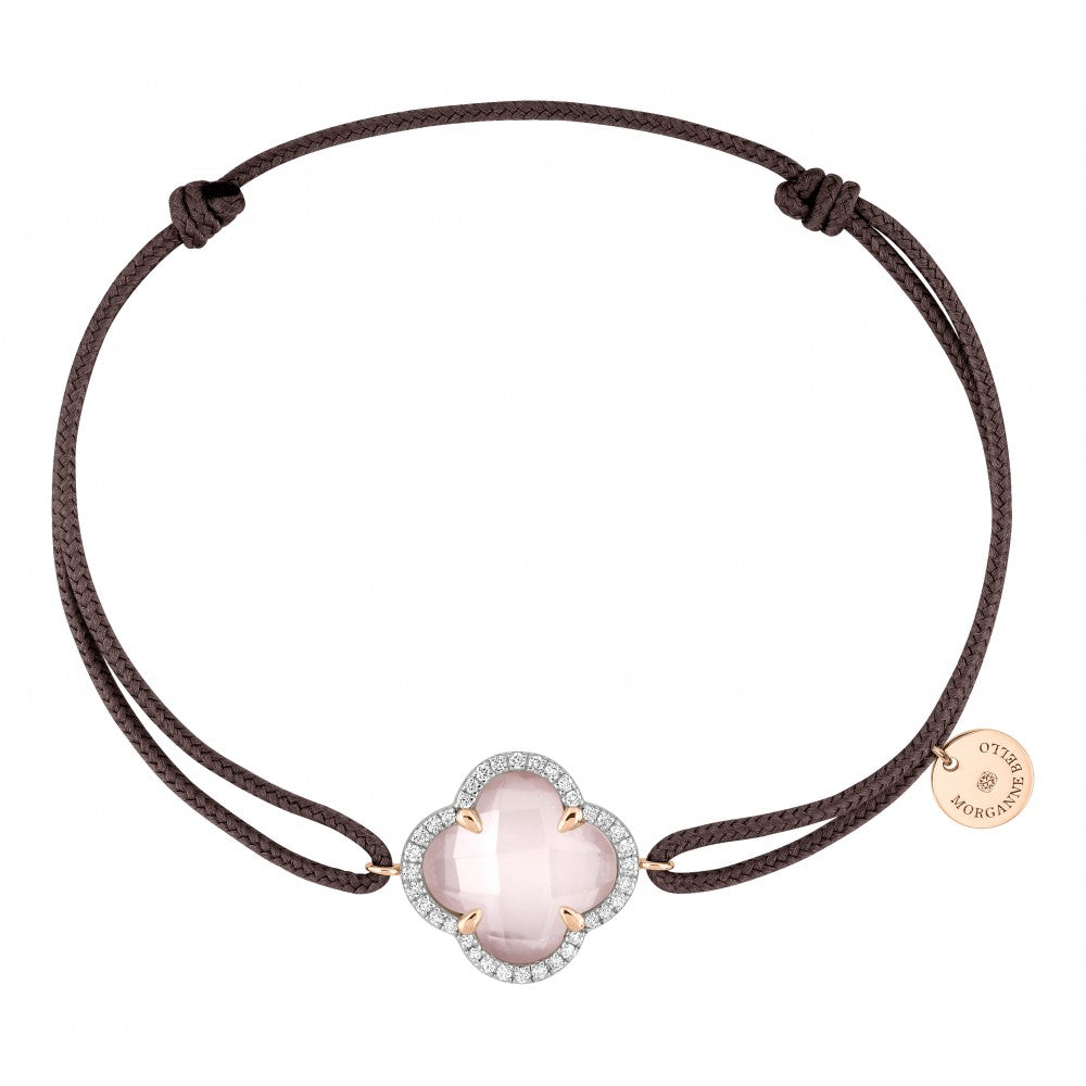 Bracelet Victoria cordon taupe quartz rose or rose et diamants