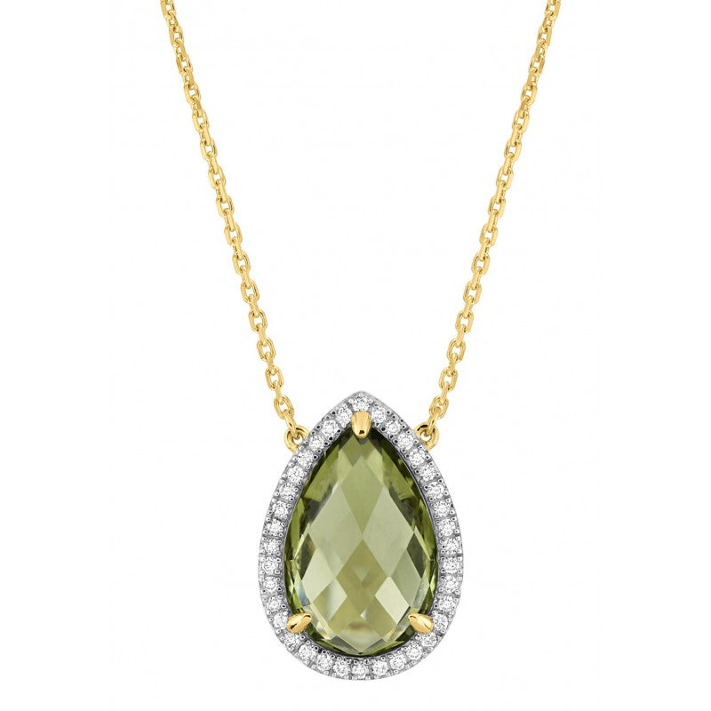 Collier quartz olive or jaune et diamants