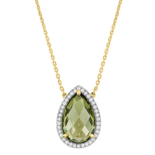 Collier quartz olive or jaune et diamants