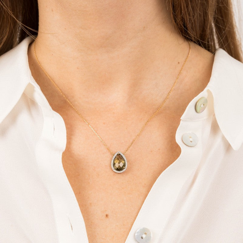 Collier quartz olive or jaune et diamants