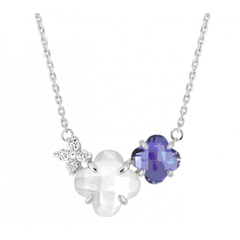 Collier Bouquet iolite, nacre blanche or blanc et diamants