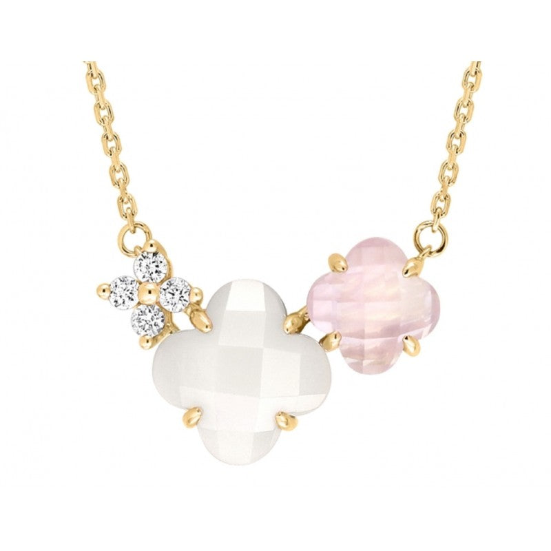 Collier Bouquet quartz rose, nacre blanche or jaune et diamants