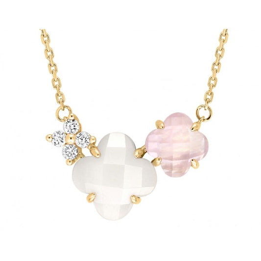 Collier Bouquet quartz rose, nacre blanche or jaune et diamants