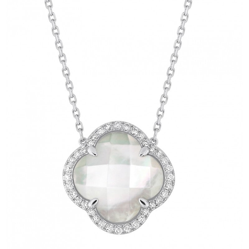 Collier Victoria nacre blanche or blanc et diamants grand modèle