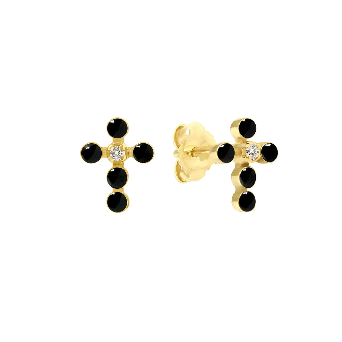 Boucles d'oreilles Croix Perlée résine noire or jaune