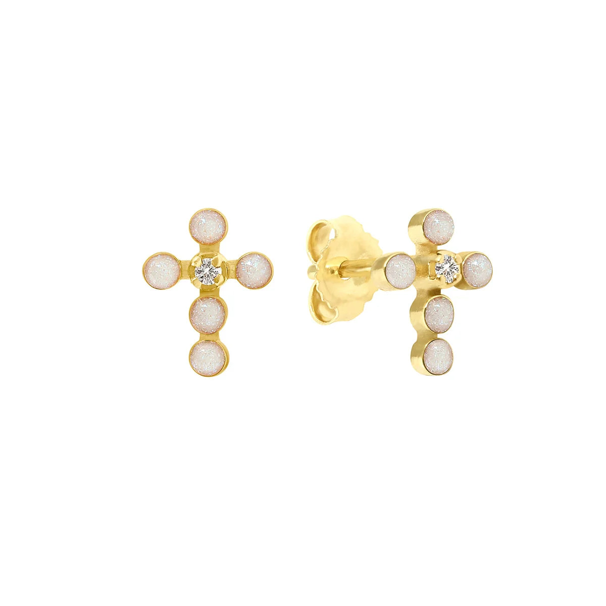 Boucles d'oreilles Croix Perlée résine opale or jaune