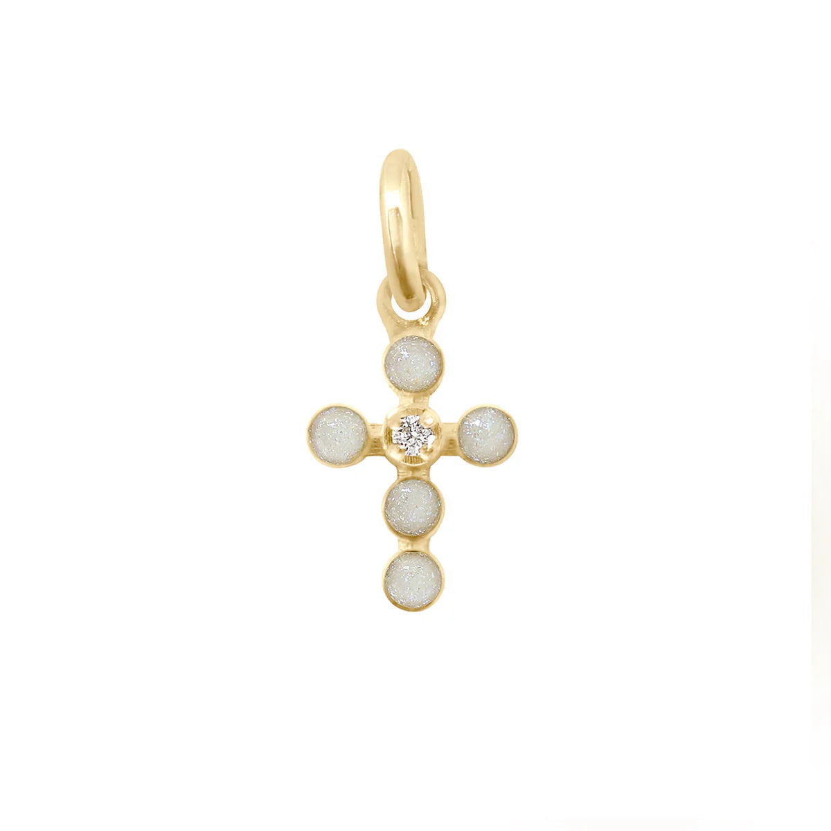 Pendentif Croix Perlée résine opale or jaune