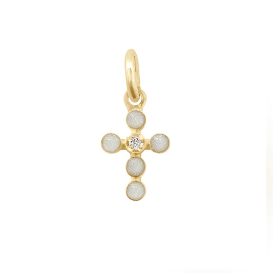 Pendentif Croix Perlée résine opale or jaune
