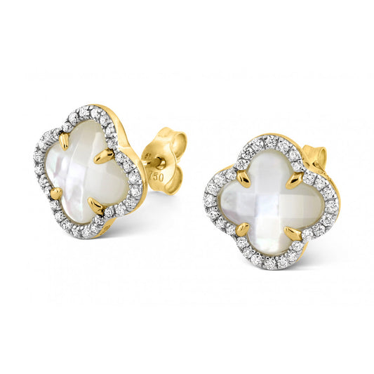 Puces d'oreilles Victoria nacre blanche or jaune et diamants
